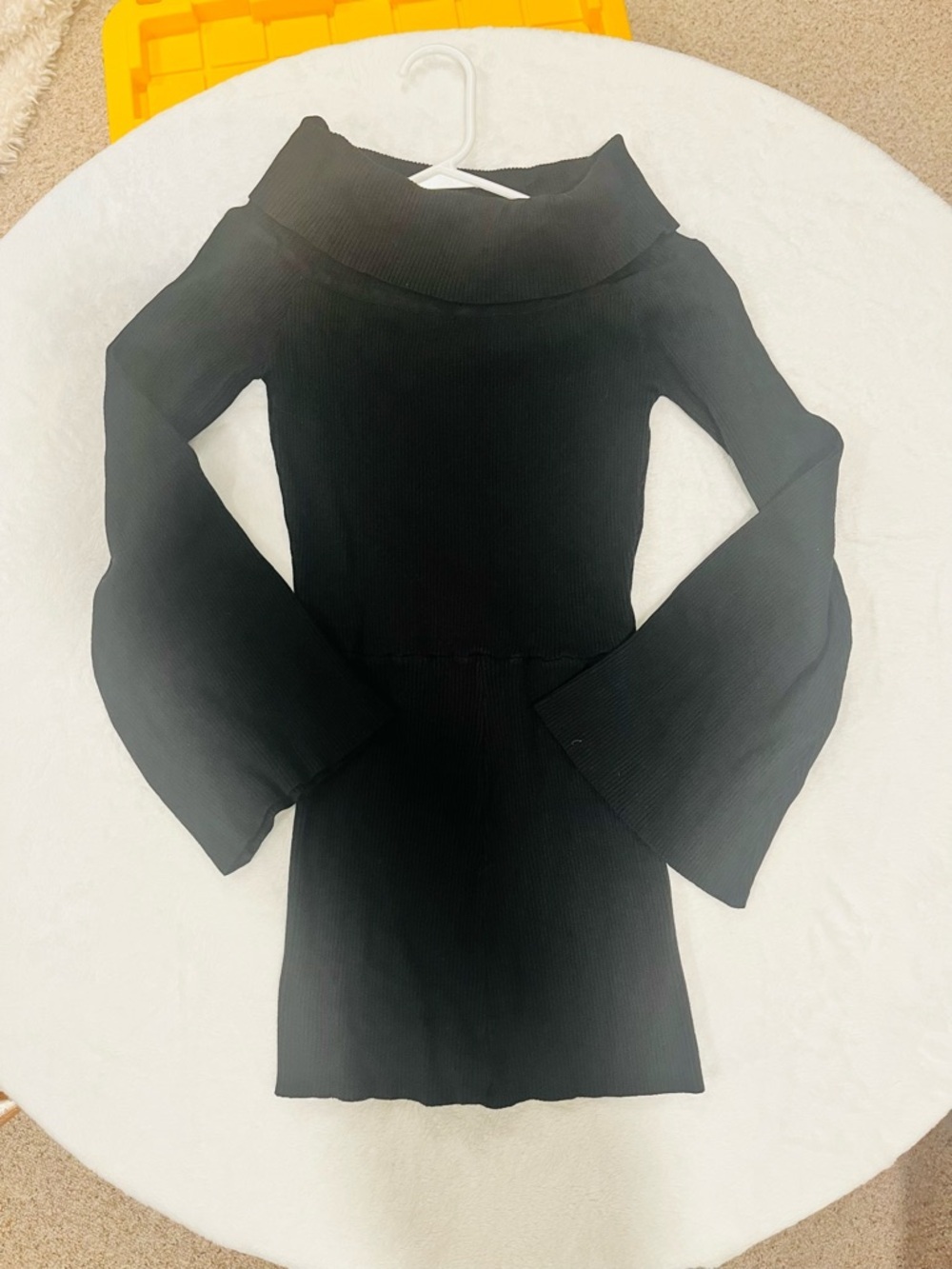 Black Ribbed Off-the-Shoulder Bell Sleeve Romper - Size M